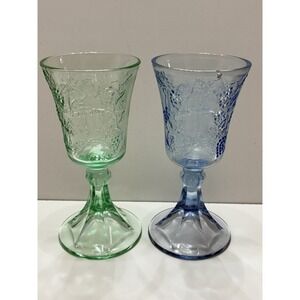Vintage Tiara LAST SUPPER Cross Goblet Indiana Glass Green/Blue 2 peices